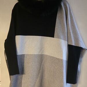 Colorblock Poncho with Faux Fur Collar - Black, Cream, Gray...One SIZE